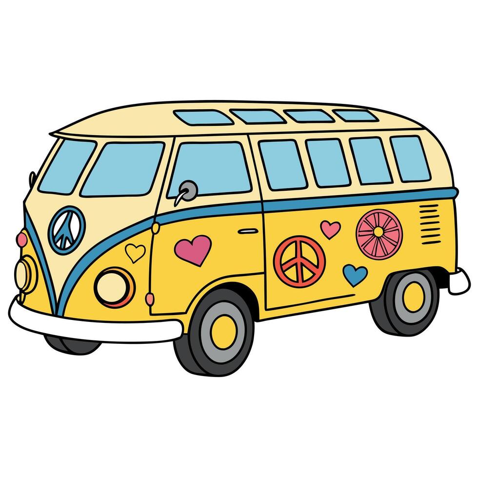 A cartoon van with peace signs and hearts vector