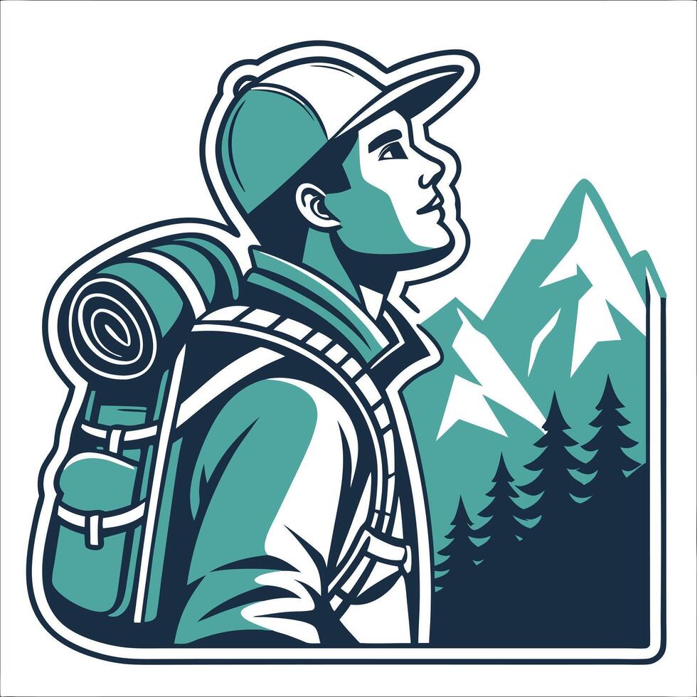 A man with a backpack and hat looking up at the mountains vector