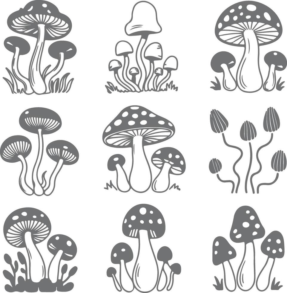 Nine Gray Scale Mushroom Silhouette Illustrations Featuring Various Types and Clusters Set Against White Background Simple Hand Drawn Style vector