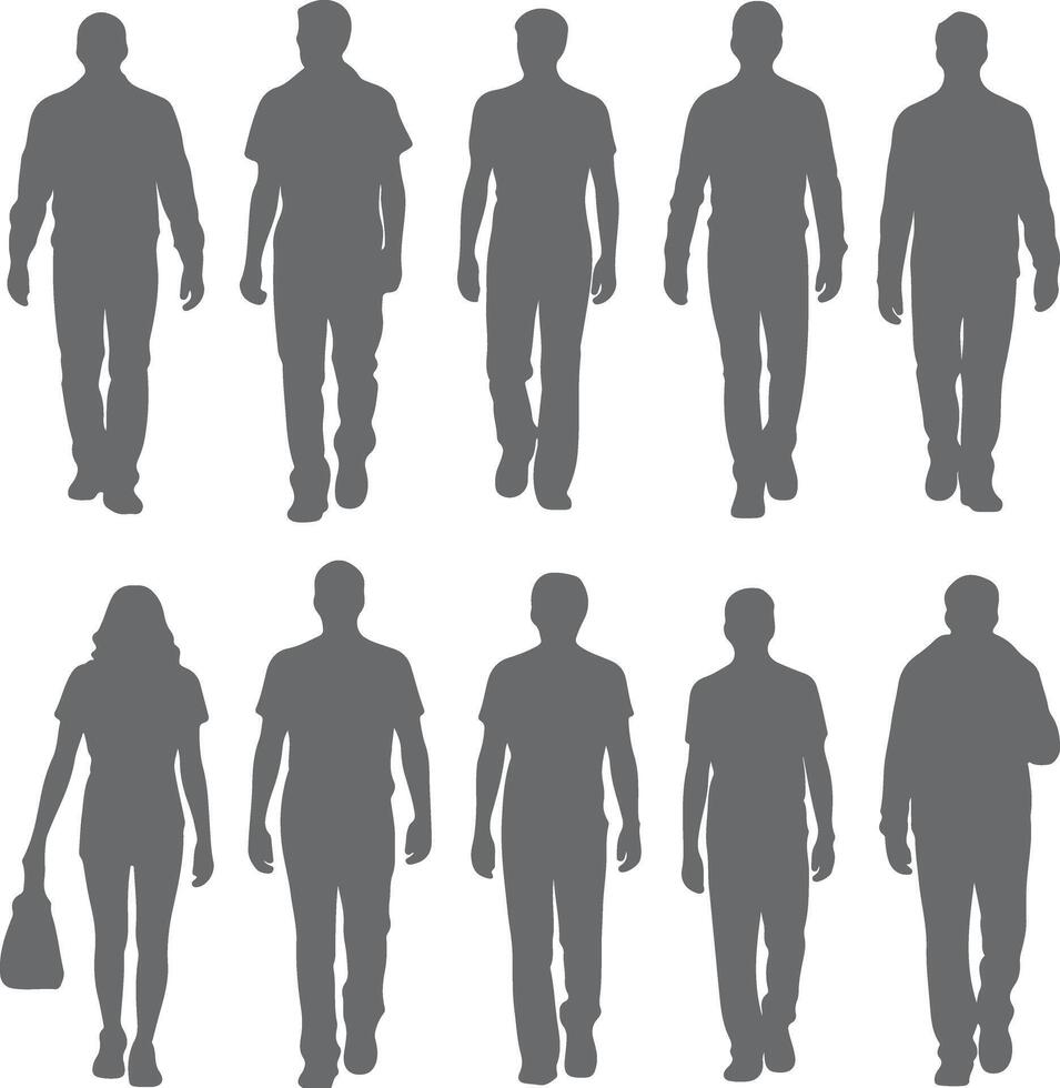Grey Silhouette People Walking Collection Diverse Group of Male and Female Figures Walking Forward Simple Illustration Isolated on White vector