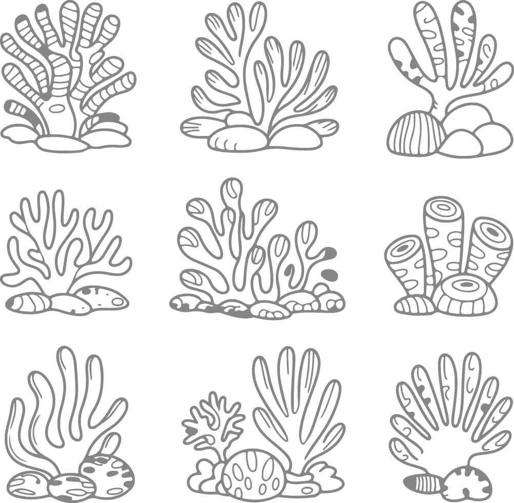 Nine Gray Scale Hand Drawn Coral Reef Silhouette Illustrations Set Ocean Underwater Sea Life Nature Graphic Design Elements vector