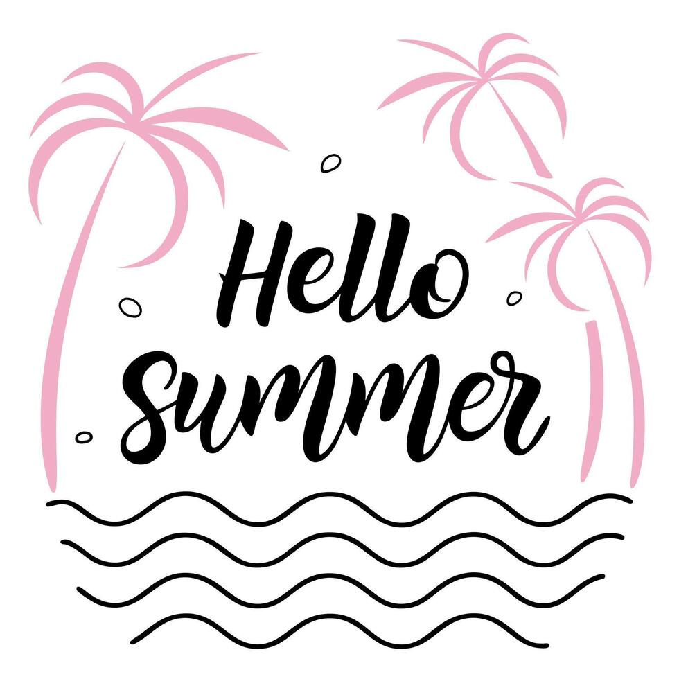 Hello summer lettering with palm trees and waves illustration vector