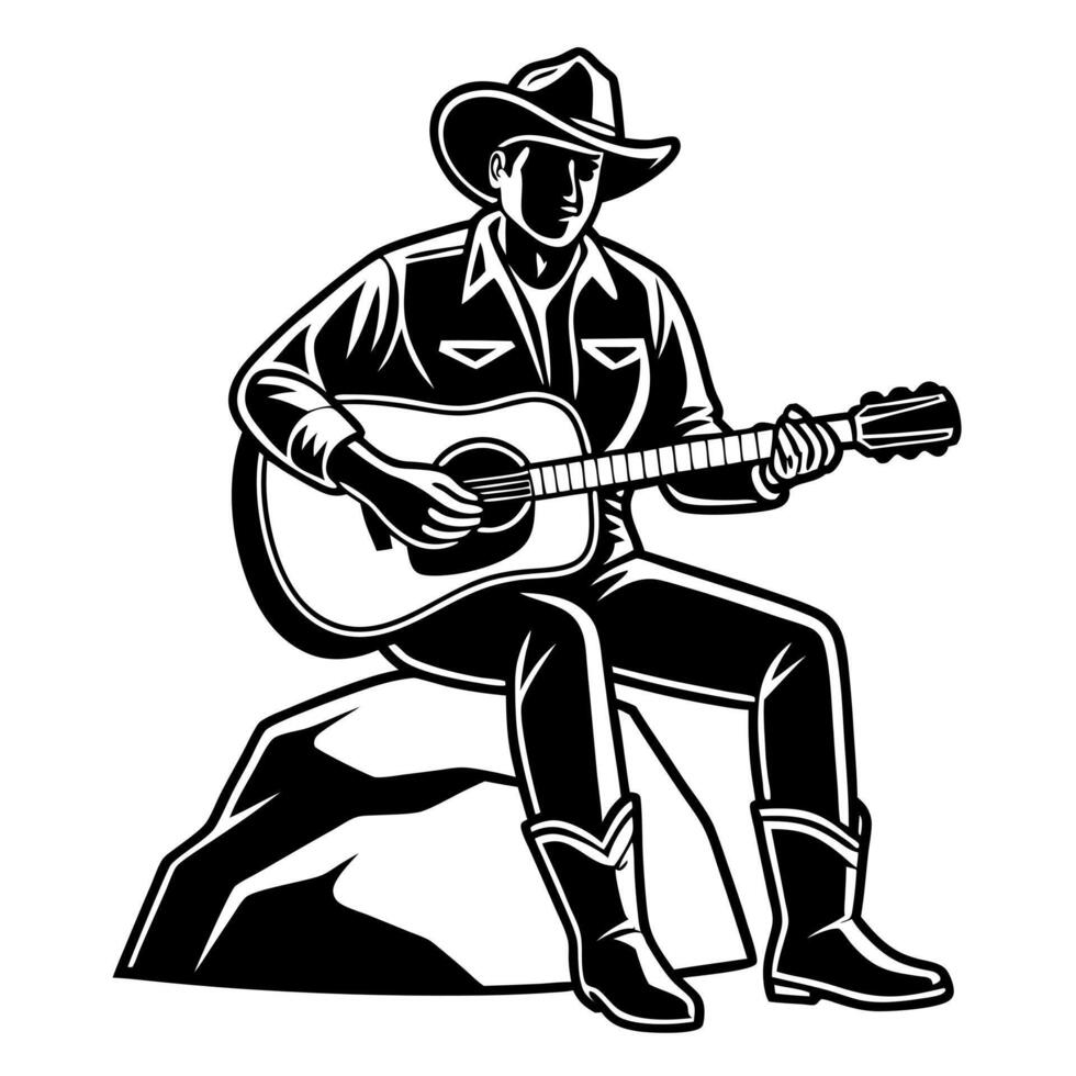 A cowboy is playing the guitar on a rock vector