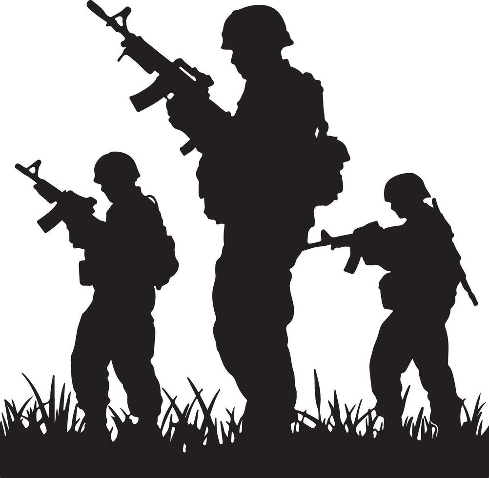 Three Soldiers Silhouettes Armed with Rifles Standing in Tall Grass Black and White Illustration Military Graphic vector
