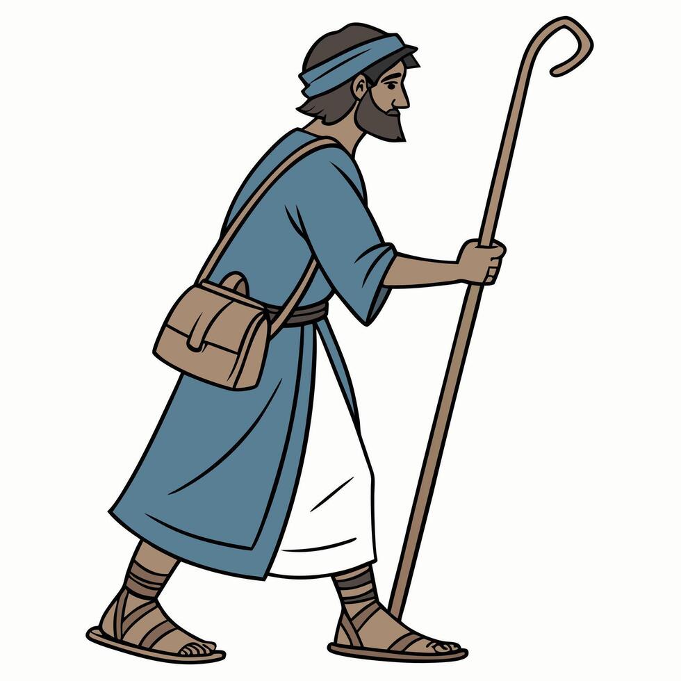 A cartoon man with a staff walking with a stick vector