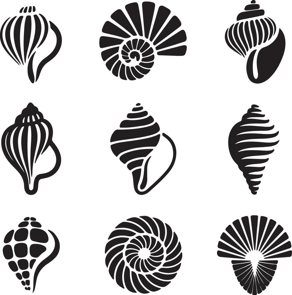 Nine stylized black silhouette seashells various shapes spiral designs nautical ocean marine life collection graphic illustration vector