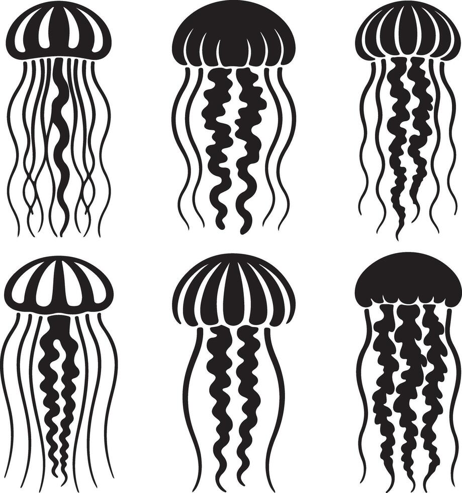 Six Black Silhouette Jellyfish Illustrations Wavy Tentacles Ocean Life Marine Animals Underwater Creatures Graphic Design Elements Set vector