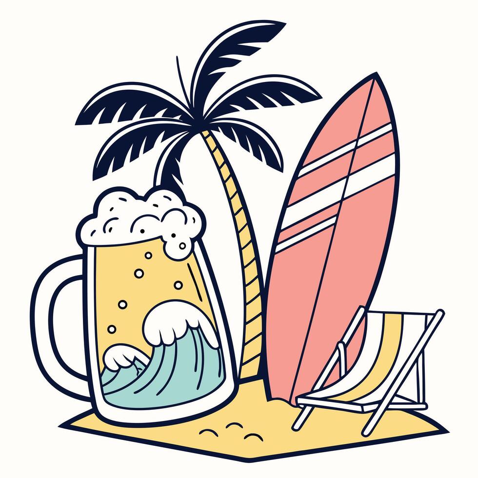 Beach chair, surfboard and beer mug on the beach vector