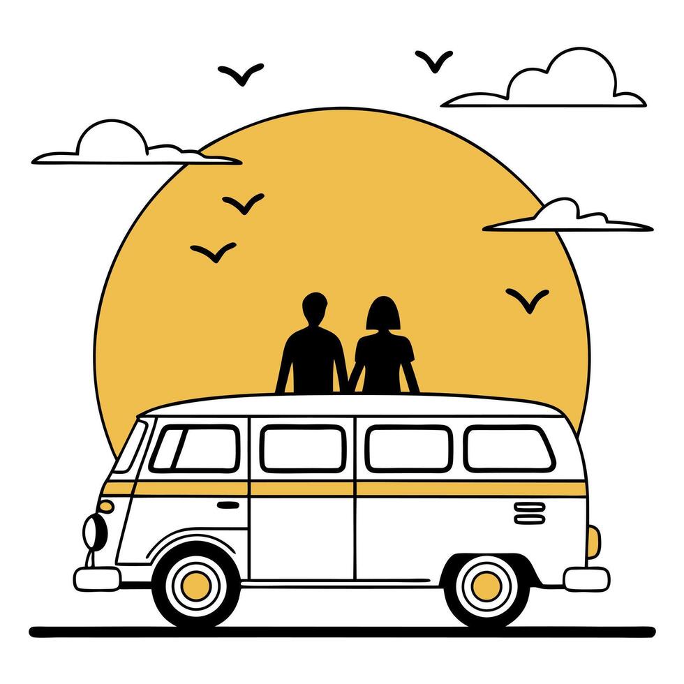 Couple on top of van with sun in background vector