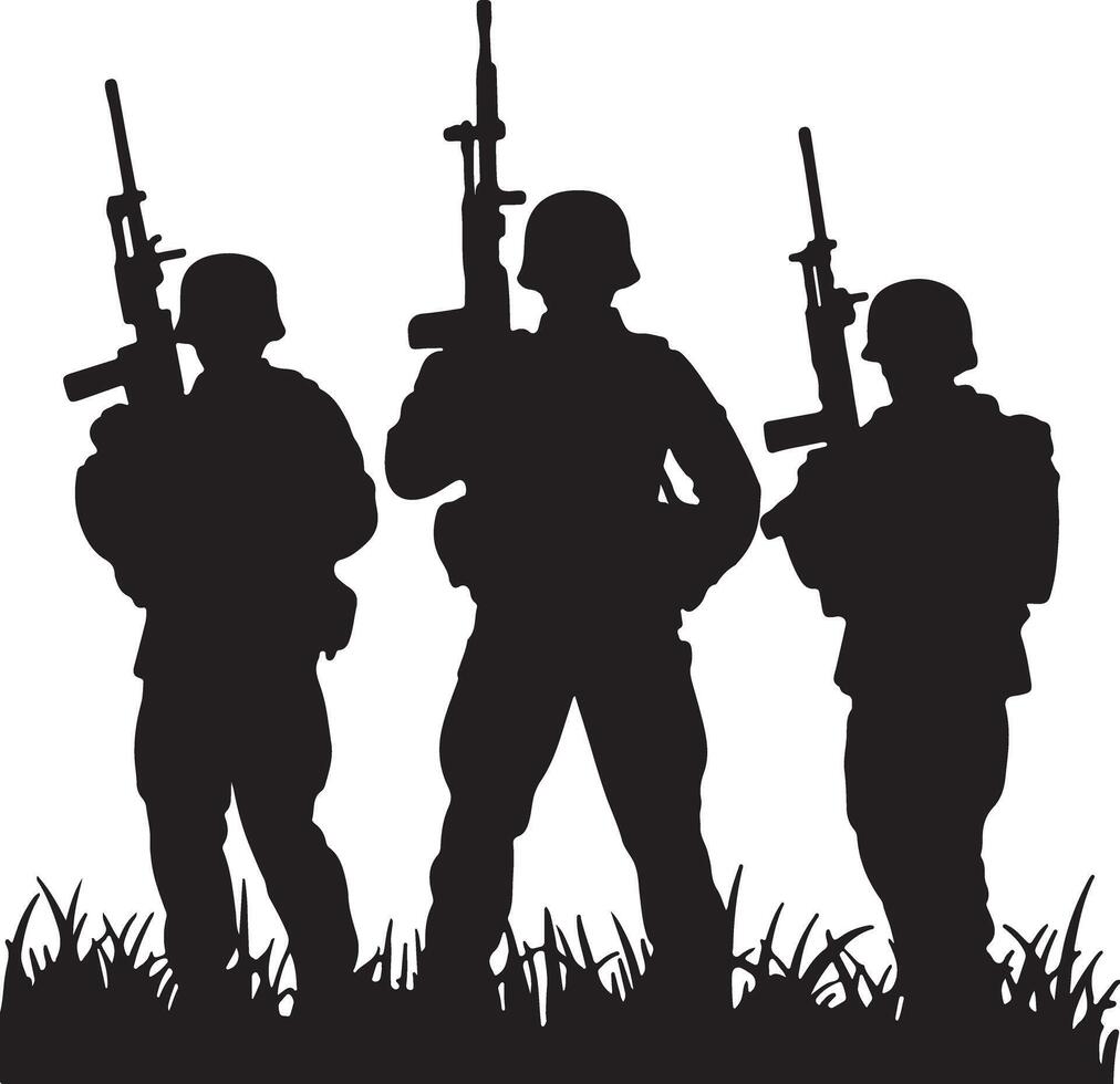 Three Soldiers Silhouettes Black and White Military Figures Standing in Grass Holding Rifles Graphic Illustration vector