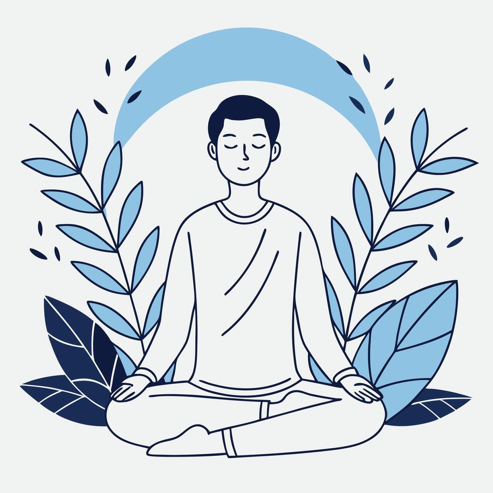A man sitting in a lotus position with leaves around him vector