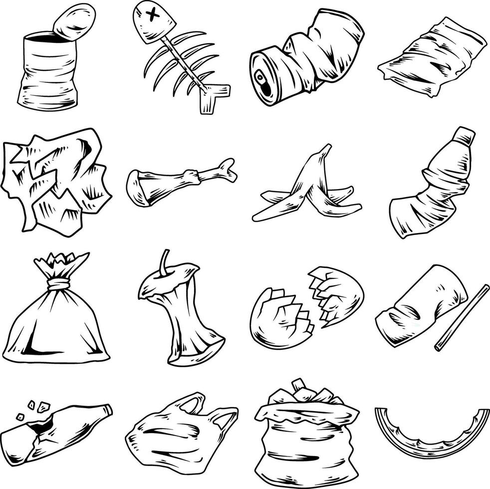 Hand drawn garbage icons set in black and white vector