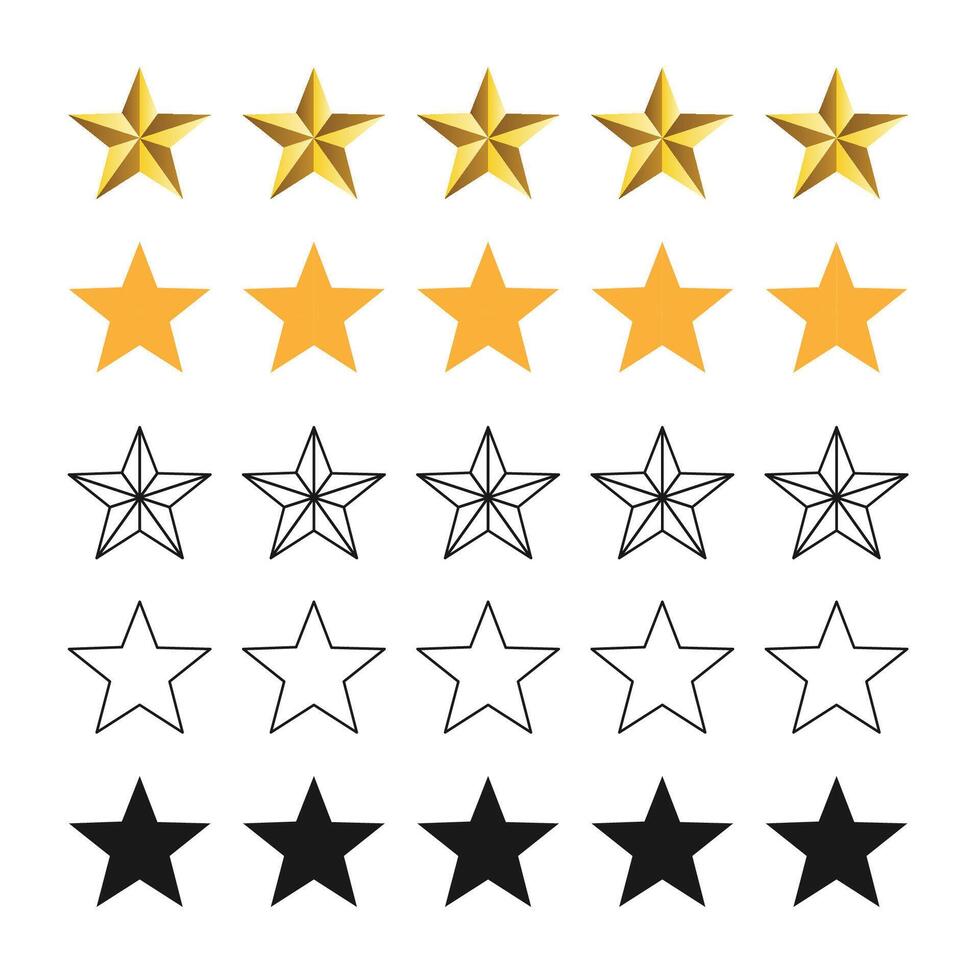 Five stars customer product review icon set, featuring yellow 5 star rating flat icons for apps and websites. Represents quality, customer rating vector