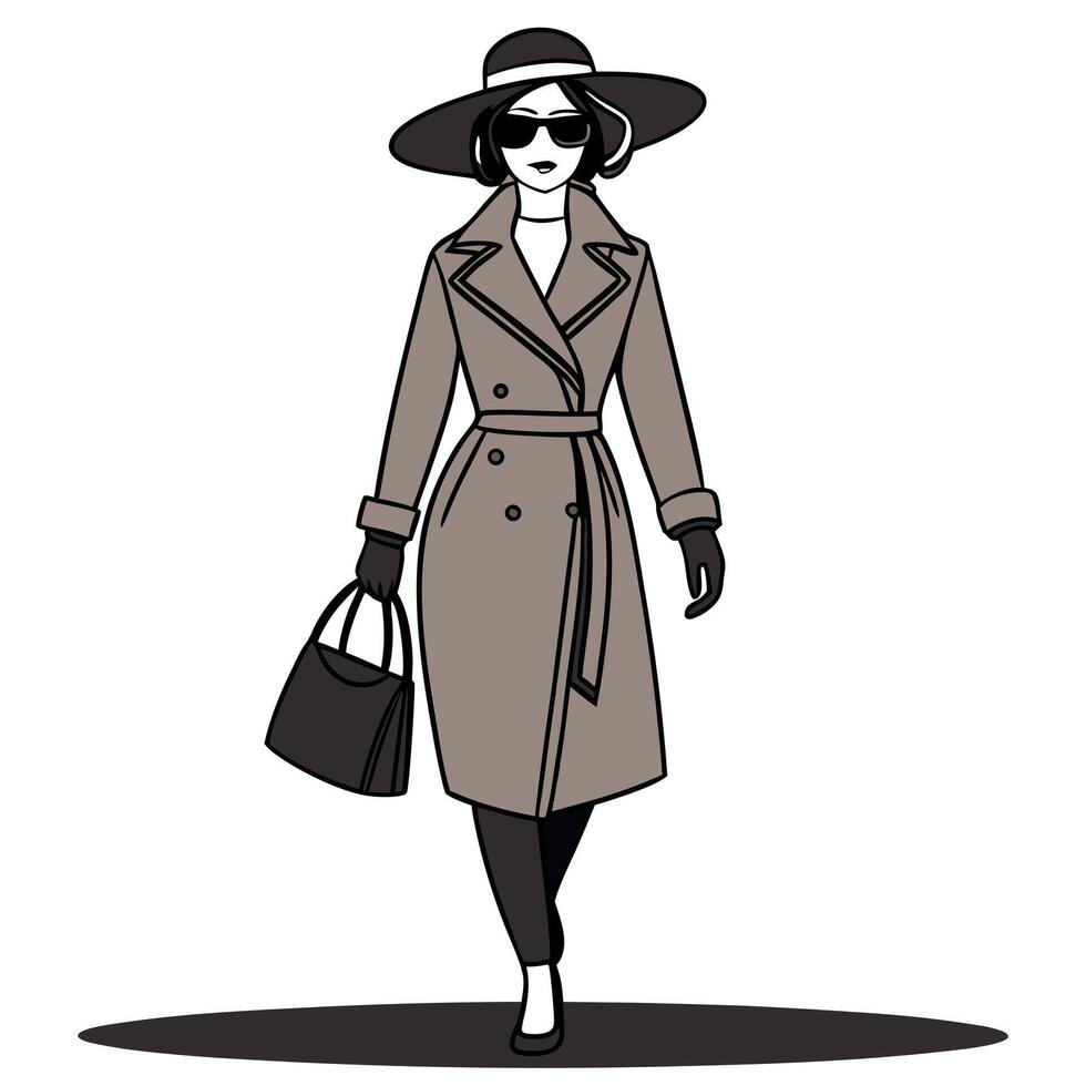 A woman in a trench coat and hat with a handbag vector