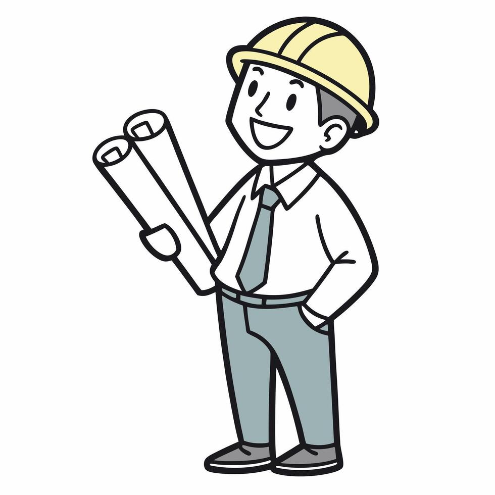 A cartoon man holding a blueprint and wearing a hard hat vector