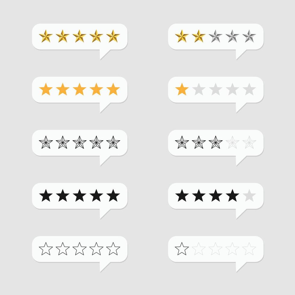 Five star rating, positive feedback style collection. Customer review with five metallic golden stars in speech bubble. Service satisfaction, quality, good rate illustration. vector