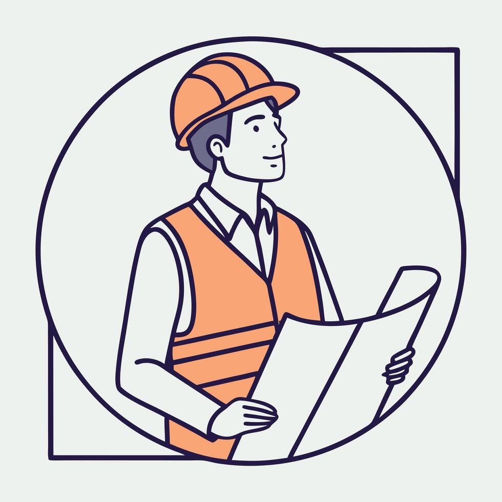 A man in an orange vest holding a blueprint vector