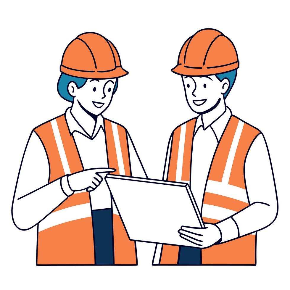 Two construction workers in orange vests and hard hats holding a piece of paper vector