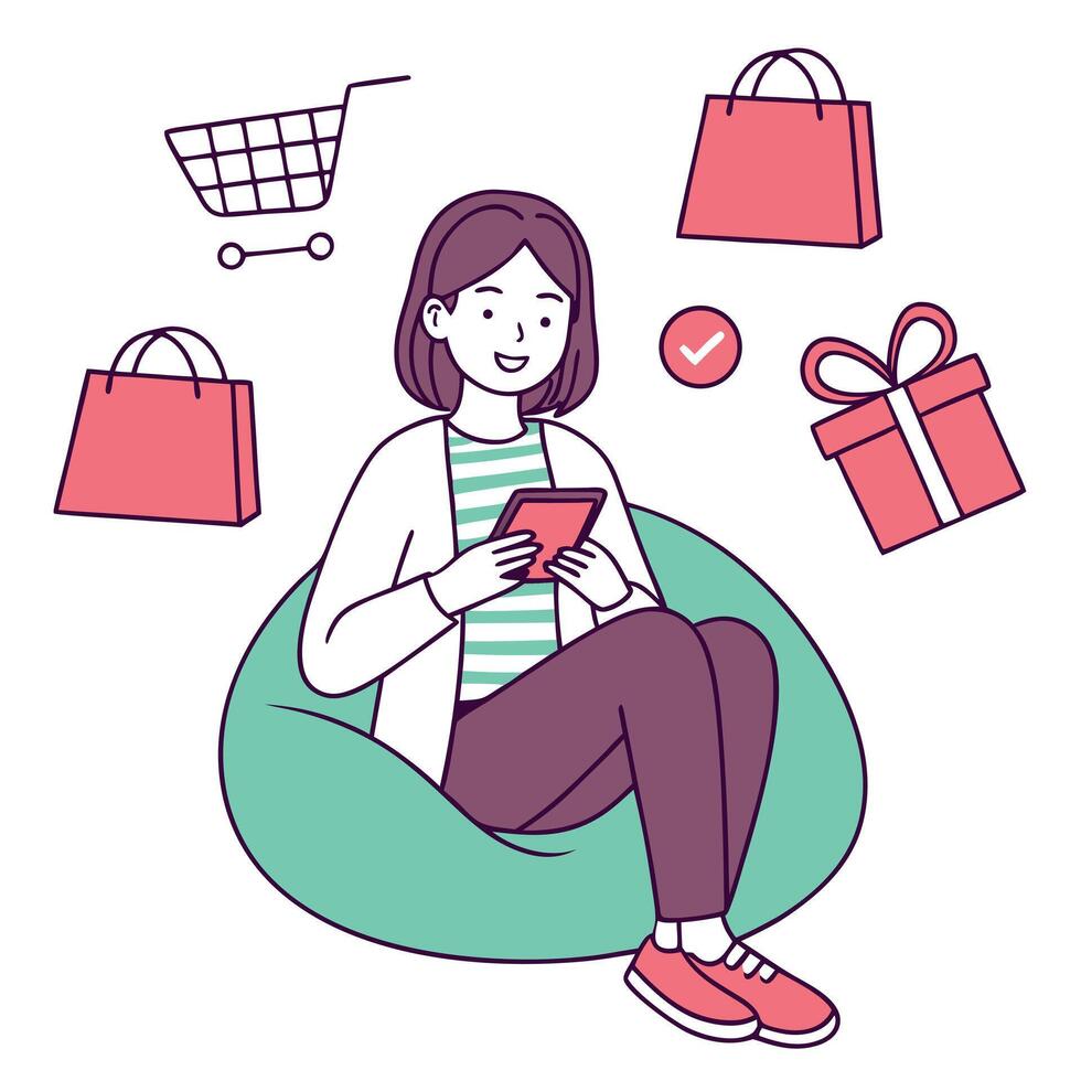 A woman sitting on a bean bag with shopping bags around her vector