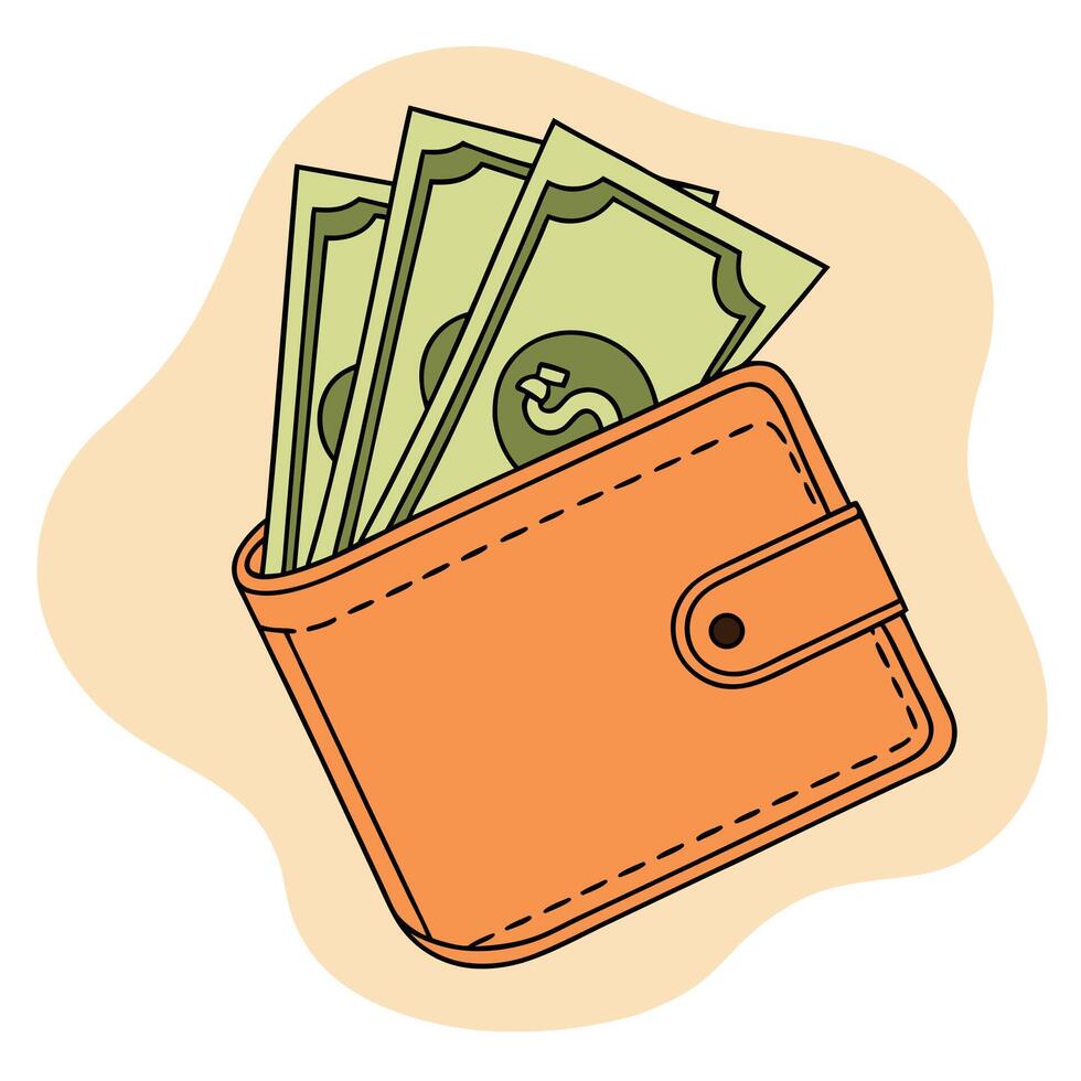 An orange wallet with money inside vector