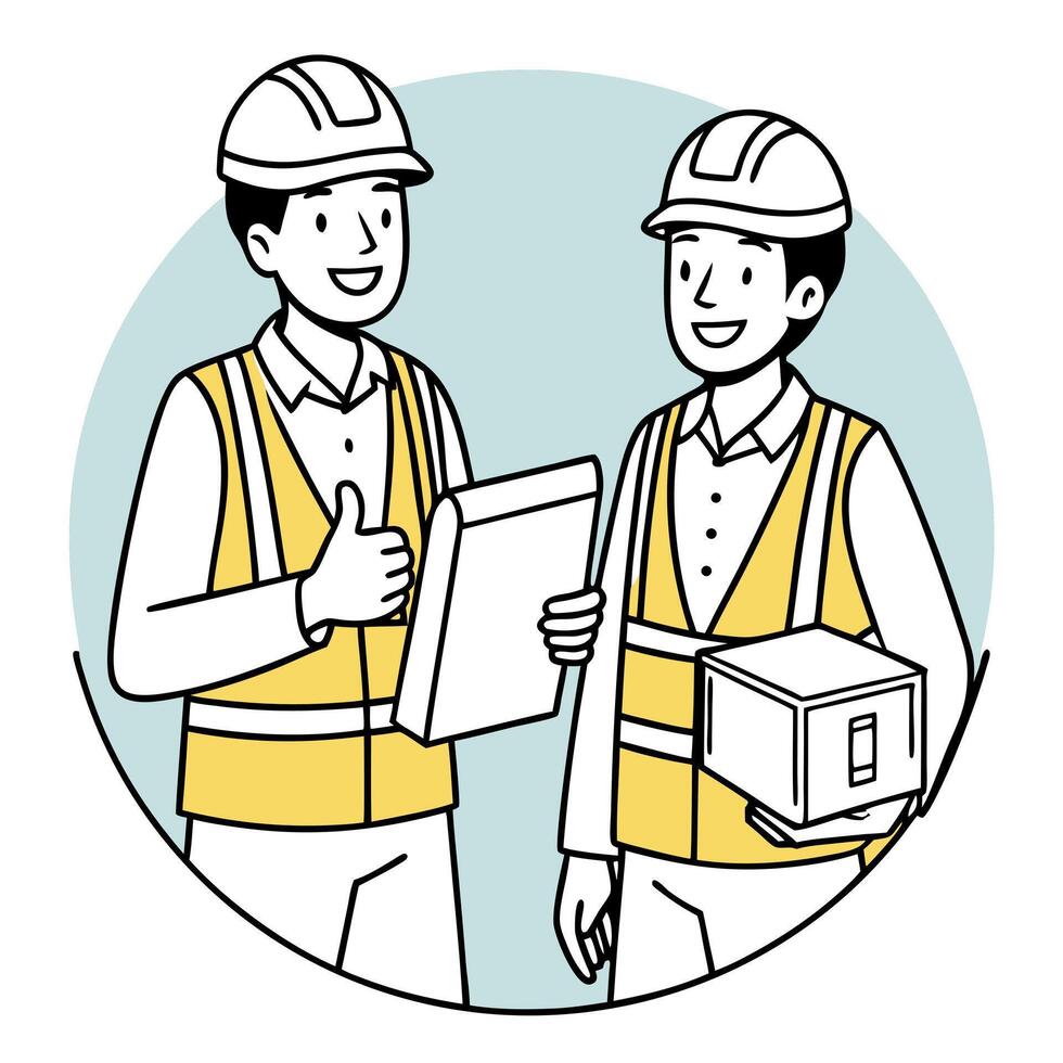 Two construction workers holding boxes and a thumbs up vector