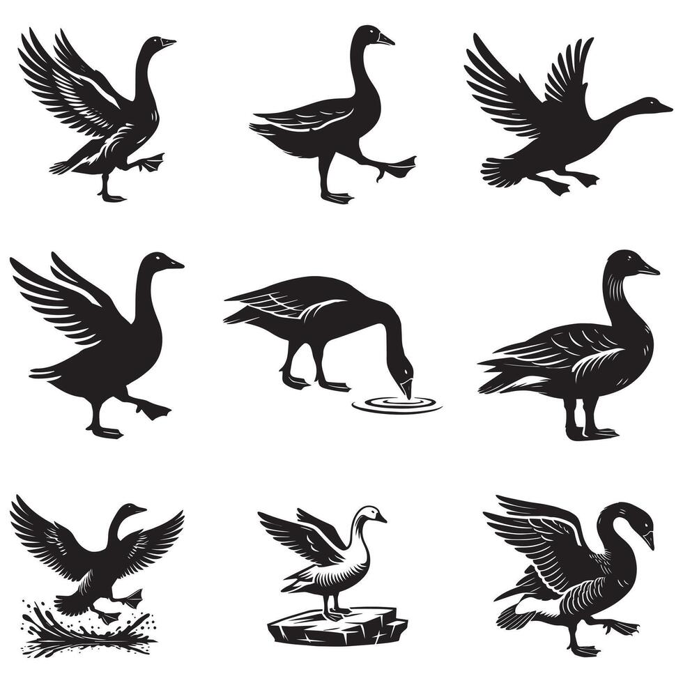 bundle of black Goose Silhouette clipart, Funny domestical Goose graphic, Cute Goose animal design sublimation vector