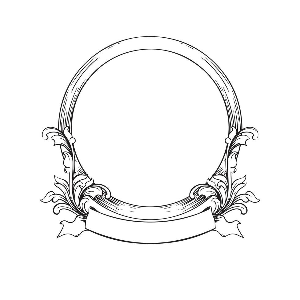 black and white vintage lines baroque frame with flora ornament on white background vector