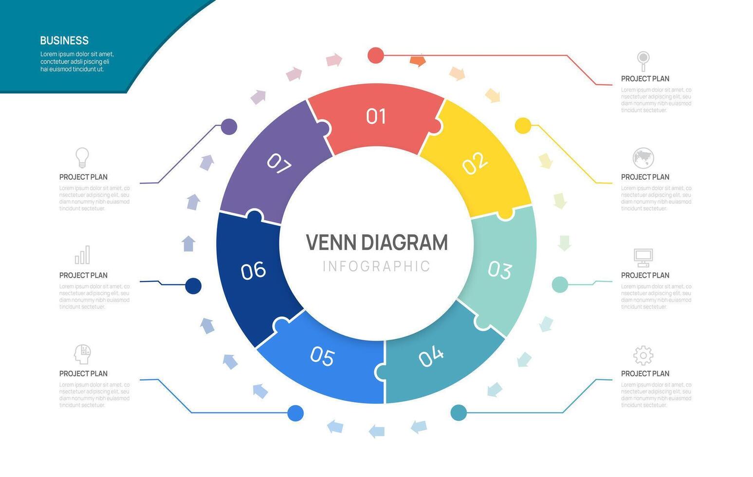Venn diagram infographic circle jigsaw arrow chart template for business start up presentation with venn diagram elements illustration. vector