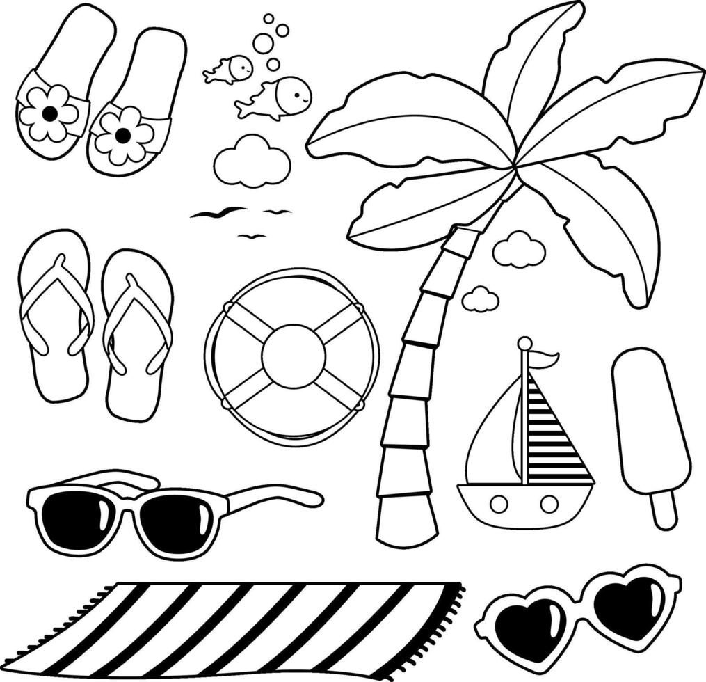 Tropical sea holidays at the beach set. Beach summer vacation objects. Black and white coloring page vector