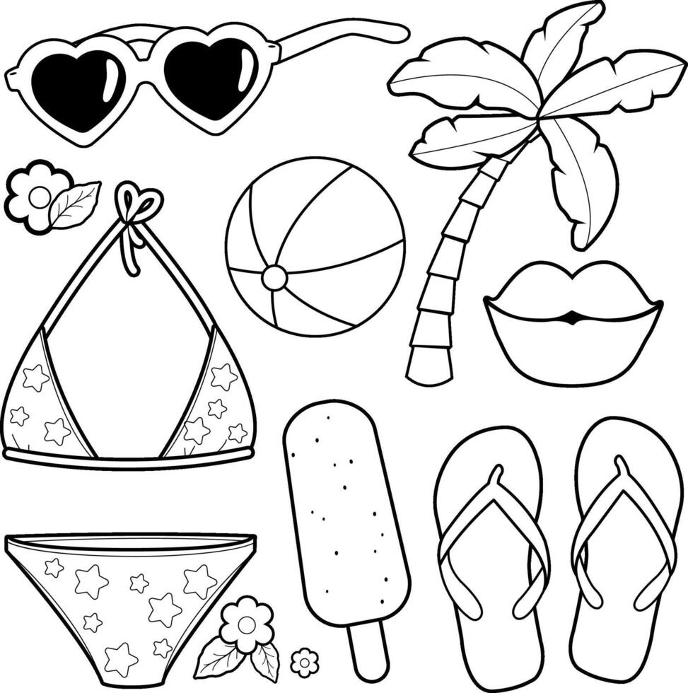 Summer island beach collection. Accessories for swimming fun at the sea, ocean or pool. Black and white coloring page vector