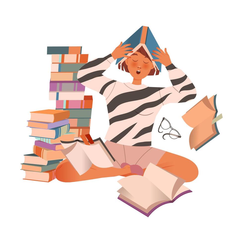 Stressed tired student with pile of books. Professional burnout syndrome, depressed person cartoon illustration vector