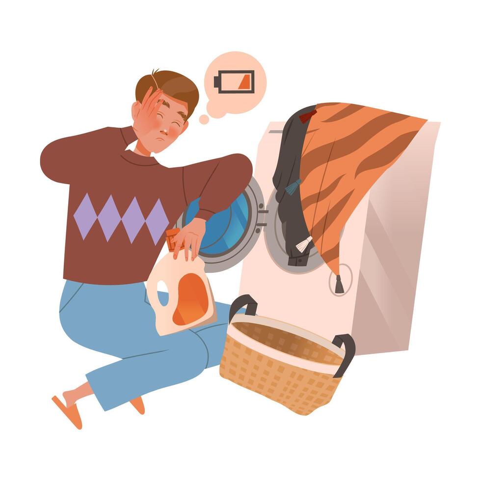 Tired exhausted man loading washing machine. Person tired of housework cartoon illustration vector