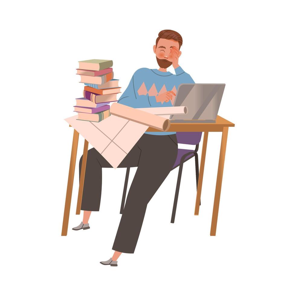 Stressed tired man working on project. Professional burnout syndrome, depressed person cartoon illustration vector