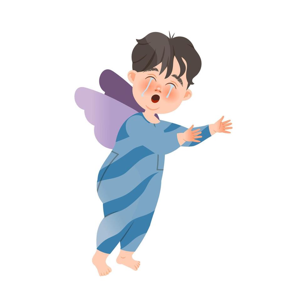 Cute upset crying little boy with wings cartoon illustration vector