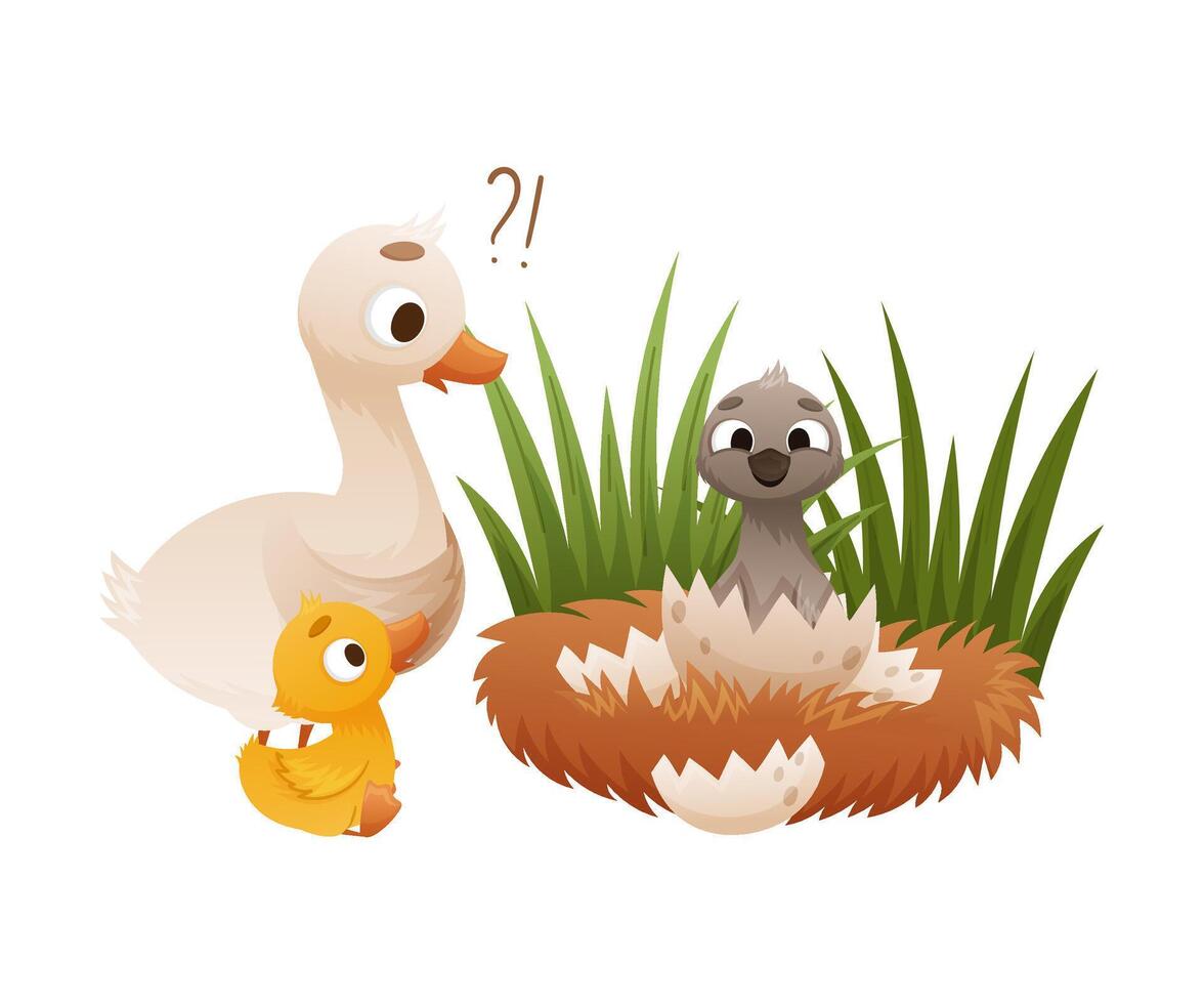 Newly hatched swan in egg. Ugly duckling fairy tale cartoon illustration vector