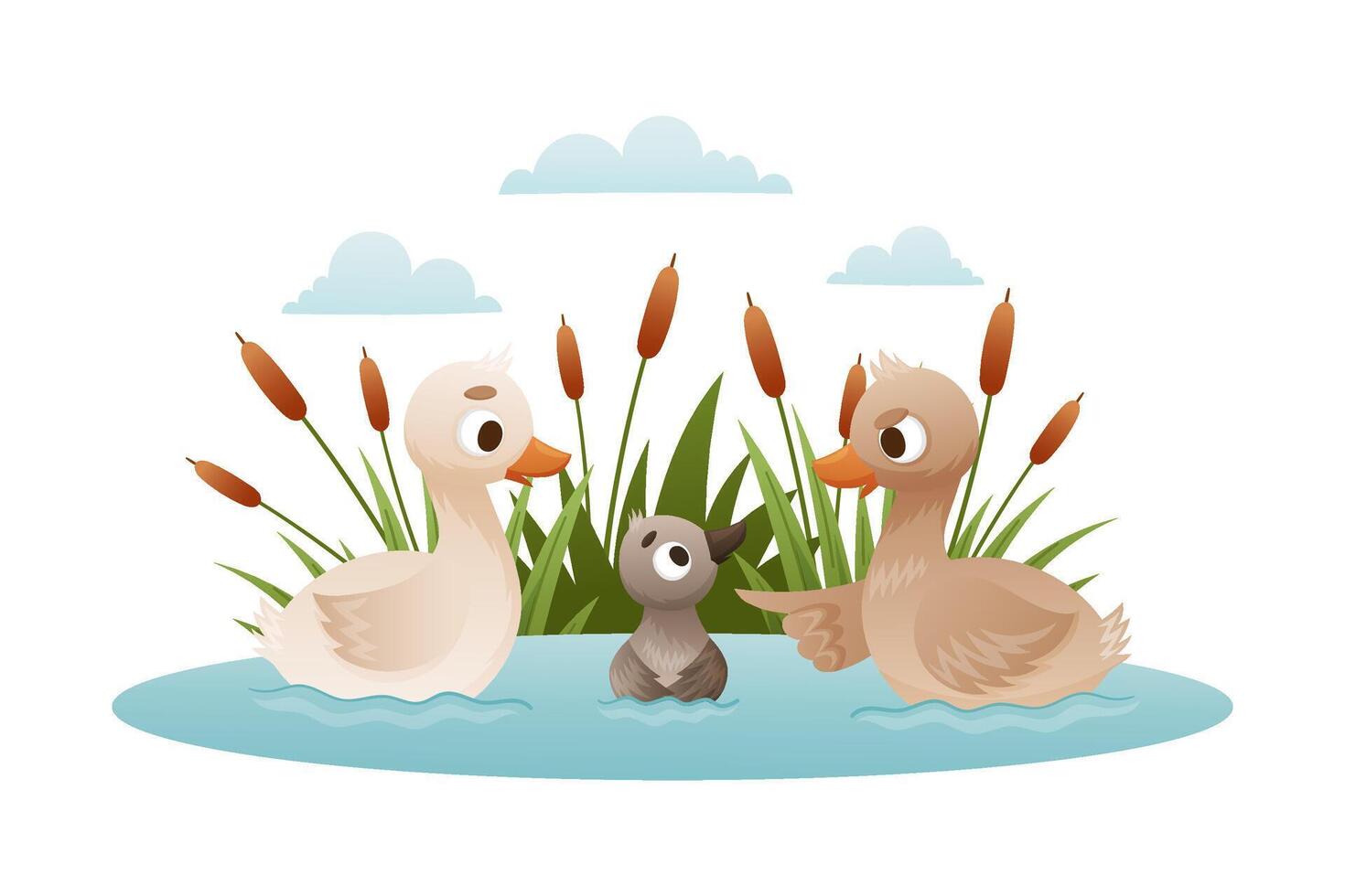 Geese swim in pond. Ugly duckling fairy tale cartoon illustration vector