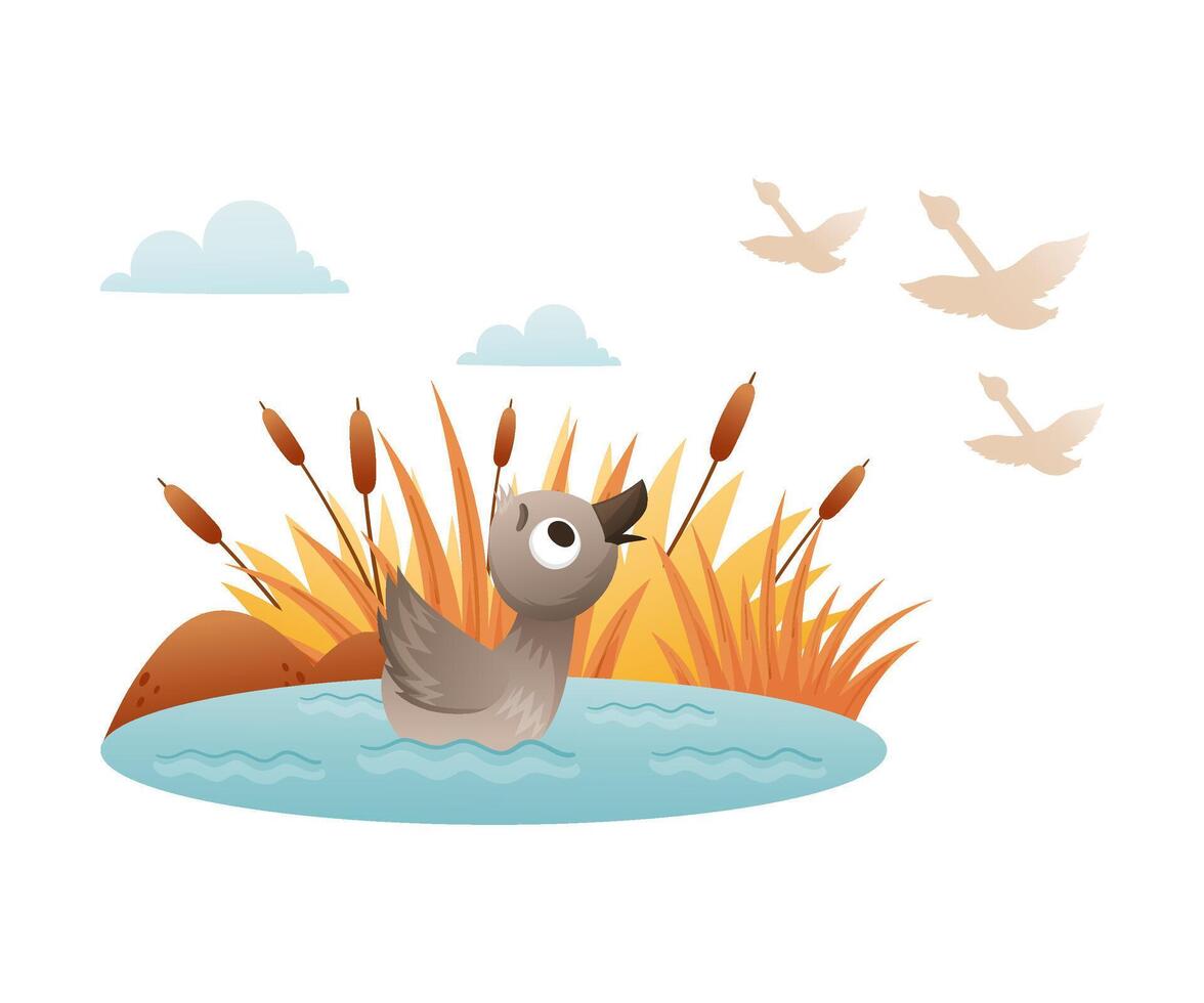 Lonely duckling swimming in the pond in autumn. Ugly duckling fairy tale cartoon illustration vector