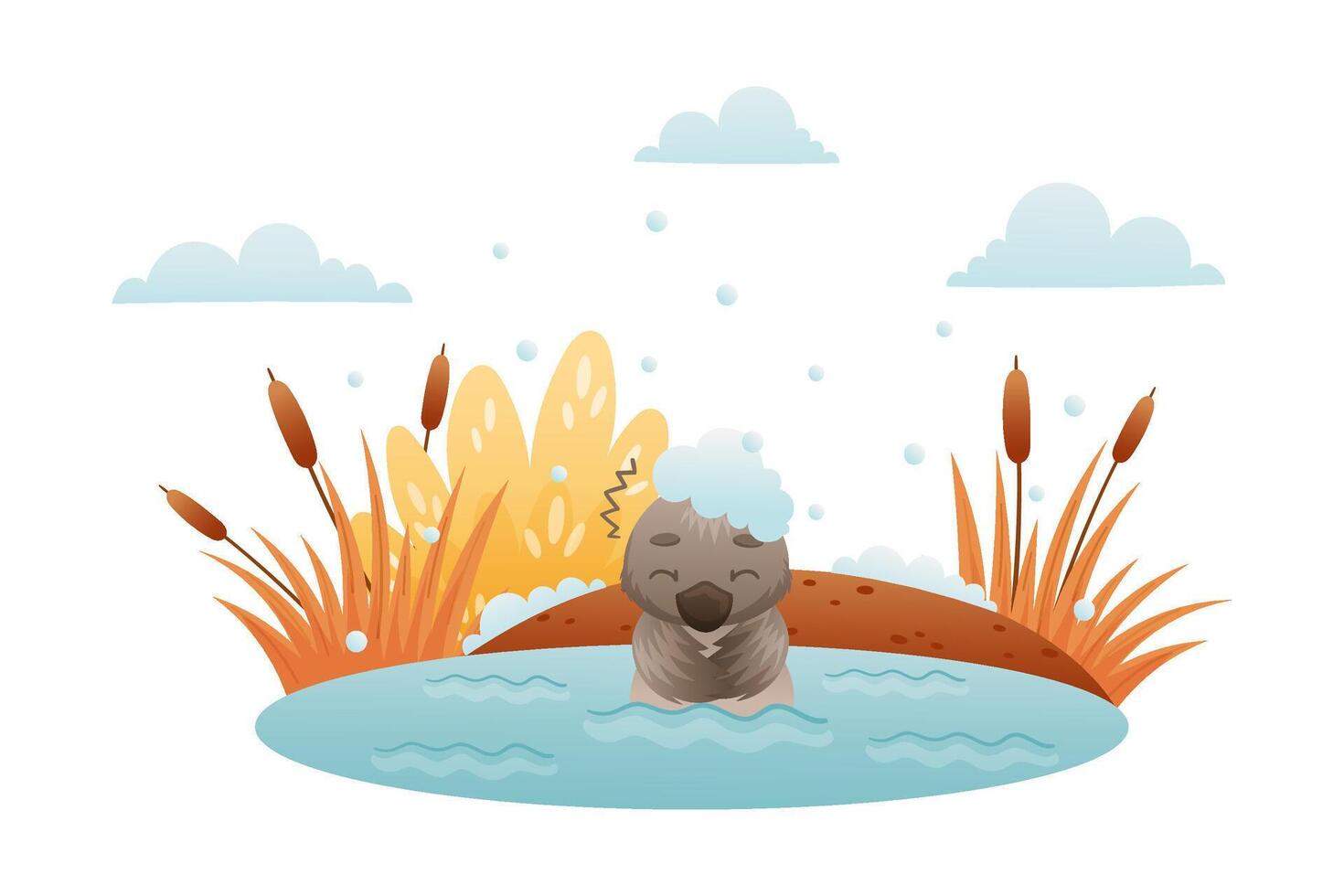 Lonely duckling swimming in the pond in winter. Ugly duckling fairy tale cartoon illustration vector