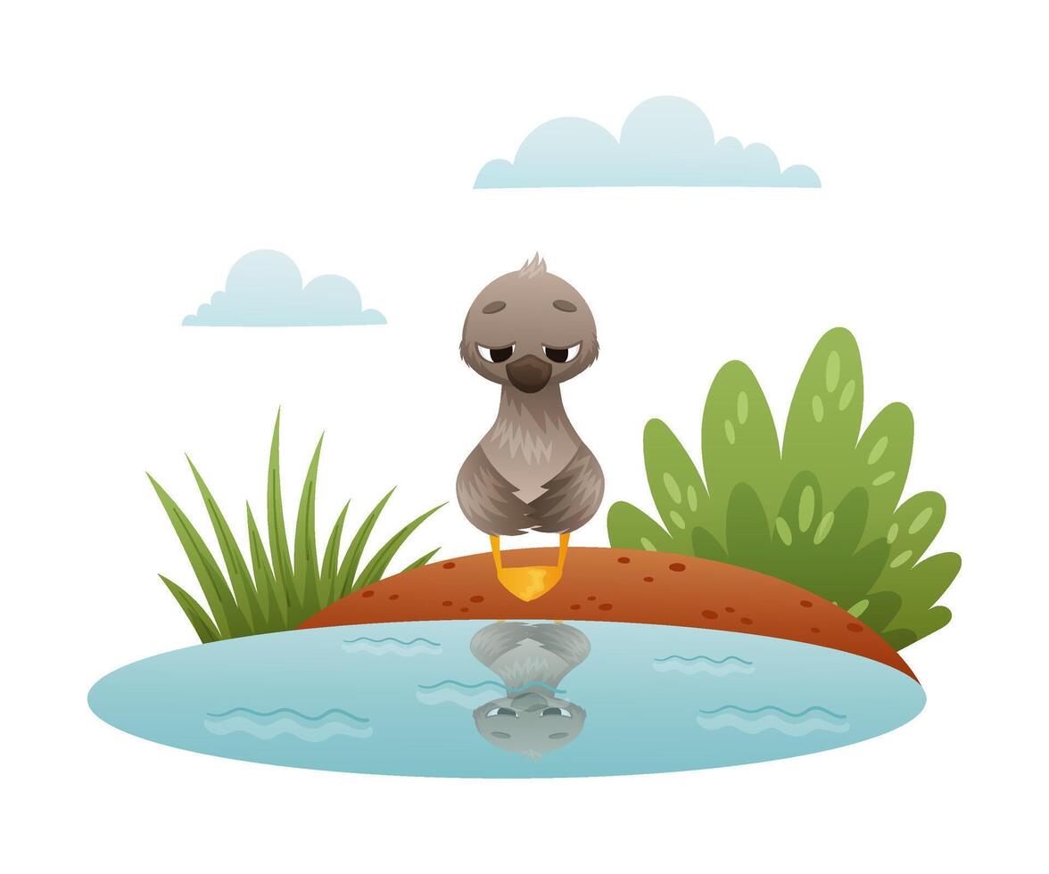 Unhappy lonely duckling sitting on shore of pond. Ugly duckling fairy tale cartoon illustration vector