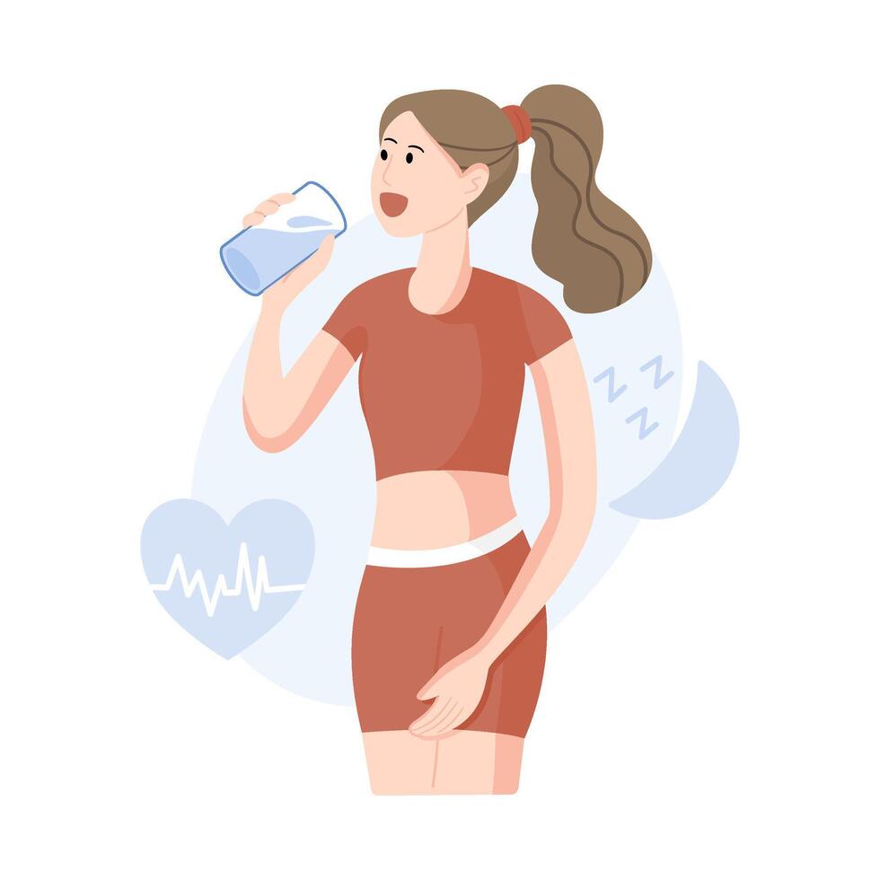 Woman in sportswear drinking water, with heart rate and sleep icons. Perfect for health, wellness, and self care themes. vector