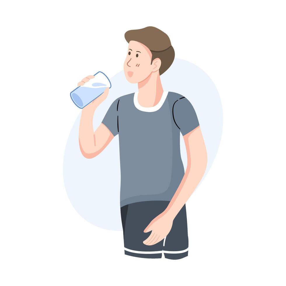 Man in sportswear drinking water from a glass, perfect for health, hydration, Self care, and active lifestyle themes. vector