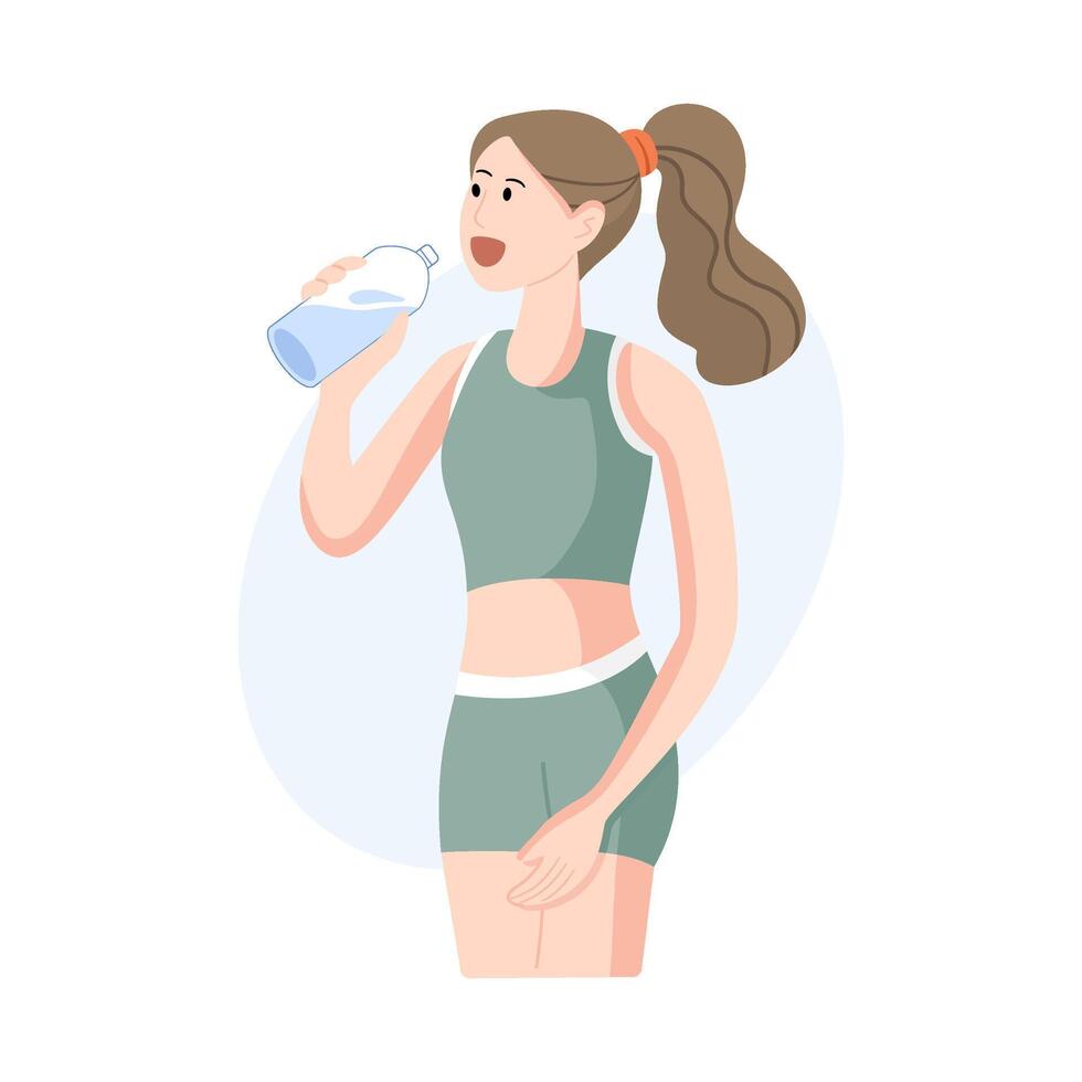 Woman in sportswear drinking water from a bottle, perfect for health, hydration, Self care, and active lifestyle themes. vector