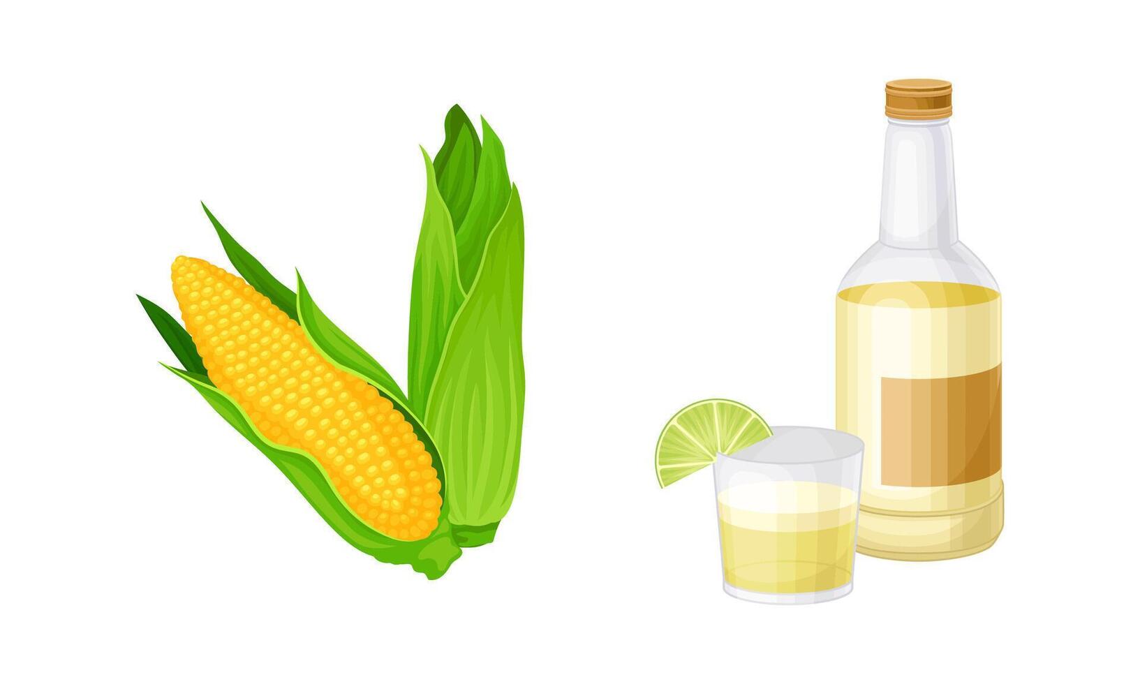 Peru country related symbols set. Pisco alcoholic drink and corncob cartoon illustration vector