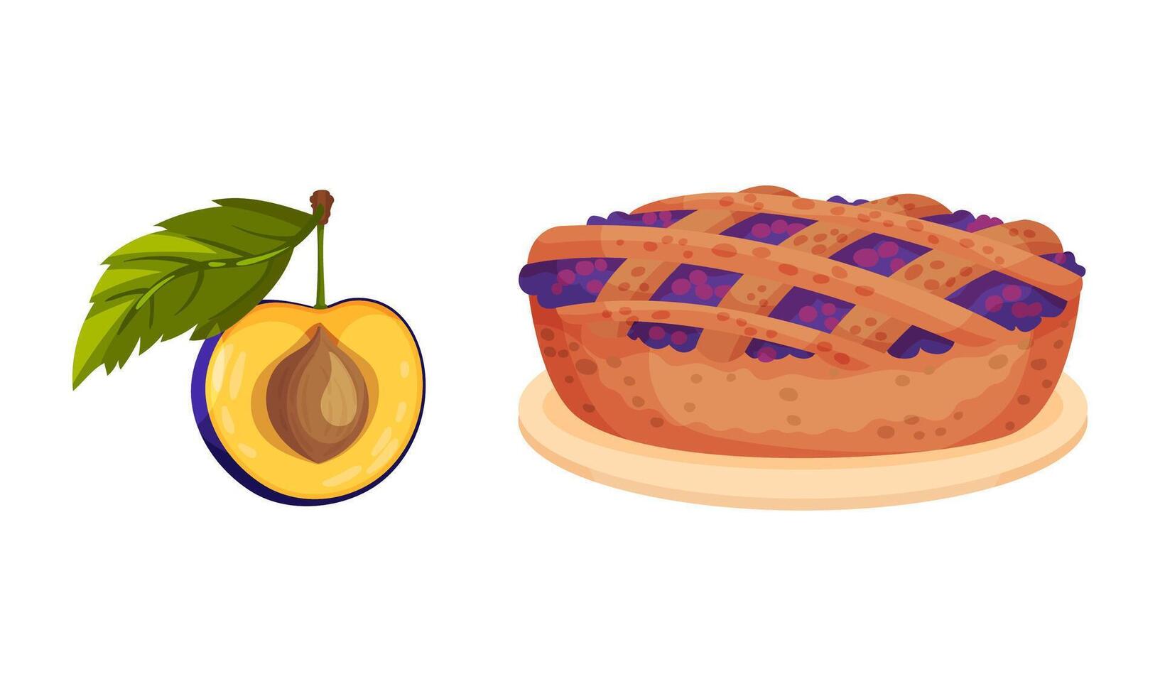 Tasty pie with fresh ripe plums and half of ripe fruit with green leaves illustration vector