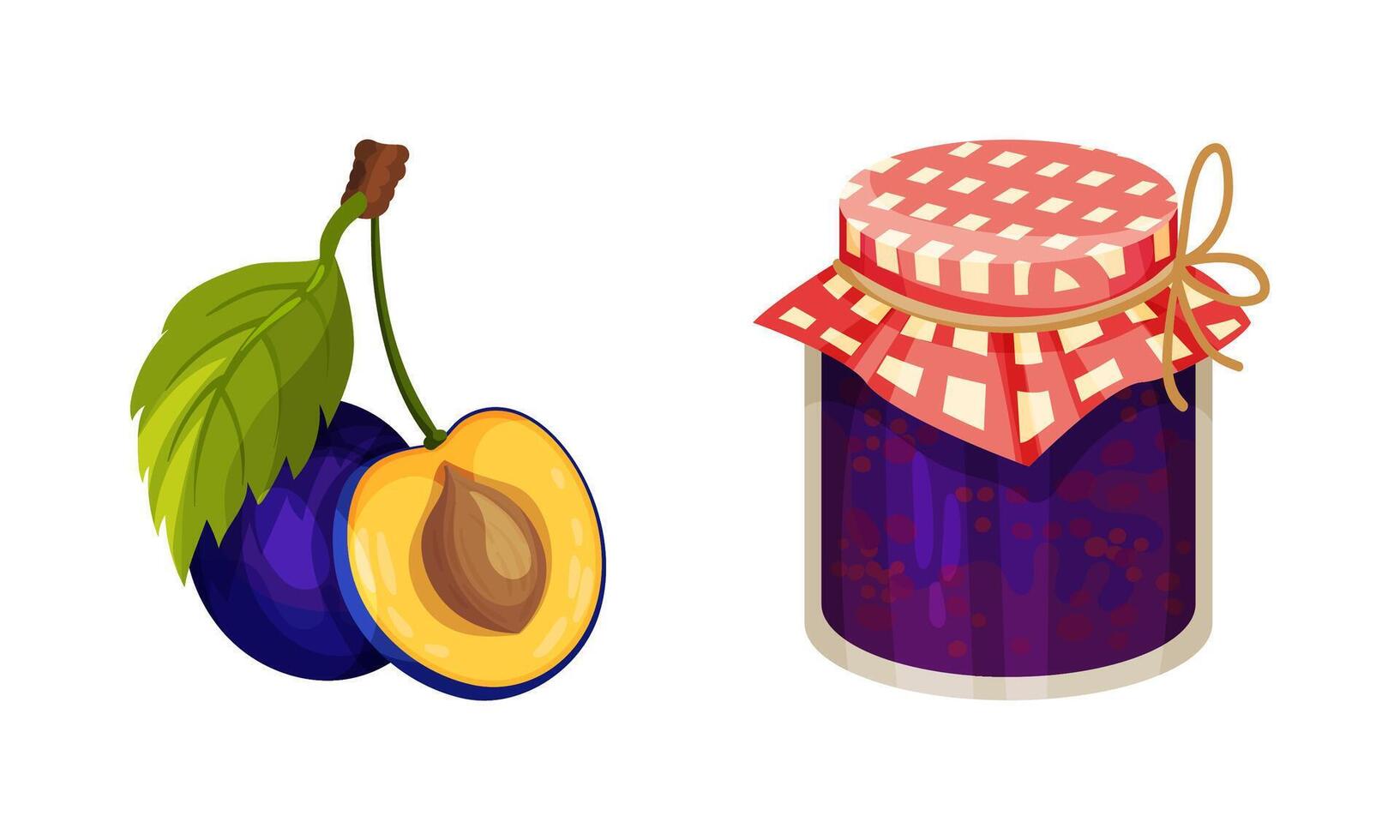 Ripe plums with green leaves and jar of jam illustration vector
