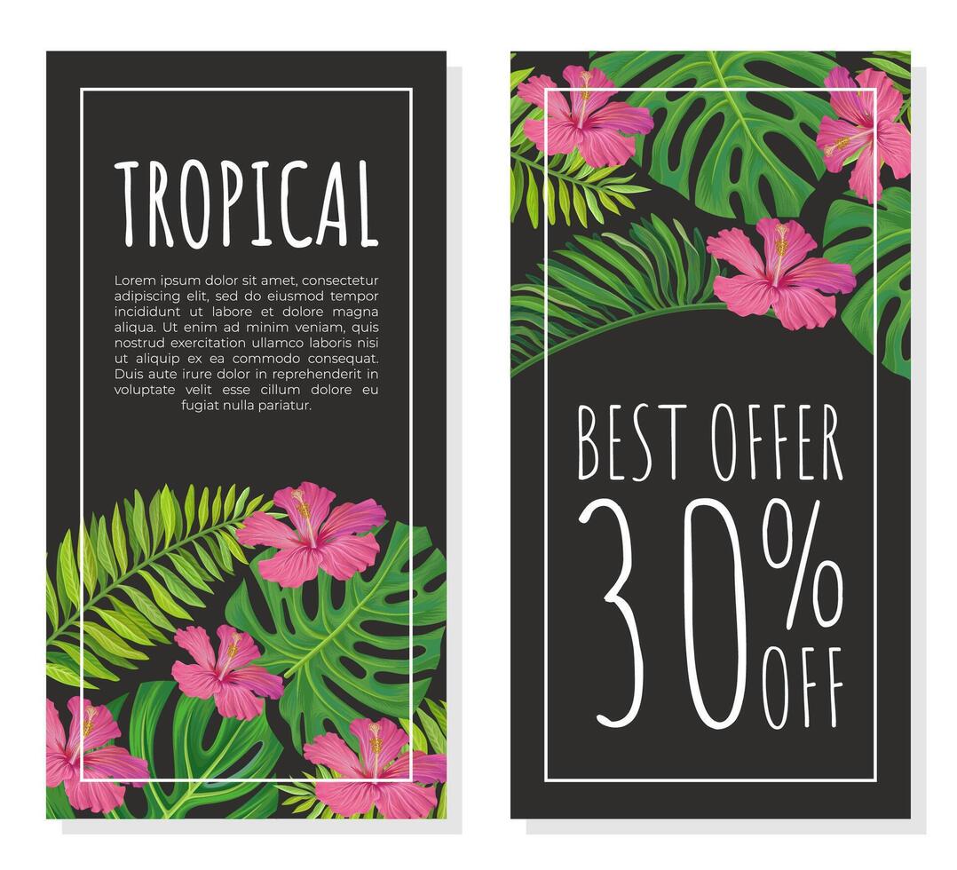 Banner of summer sale on tropical background with exotic flowers, palm leaves and space for text illustration vector