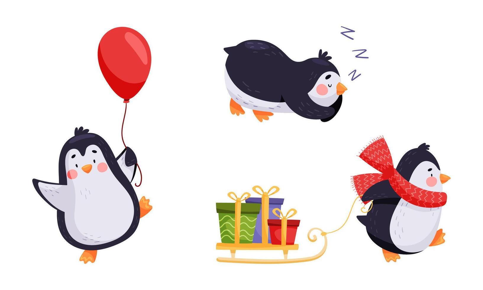 Cute penguin characters set. Adorable penguins playing with red balloon, pulling sledge with gift boxes cartoon illustration vector