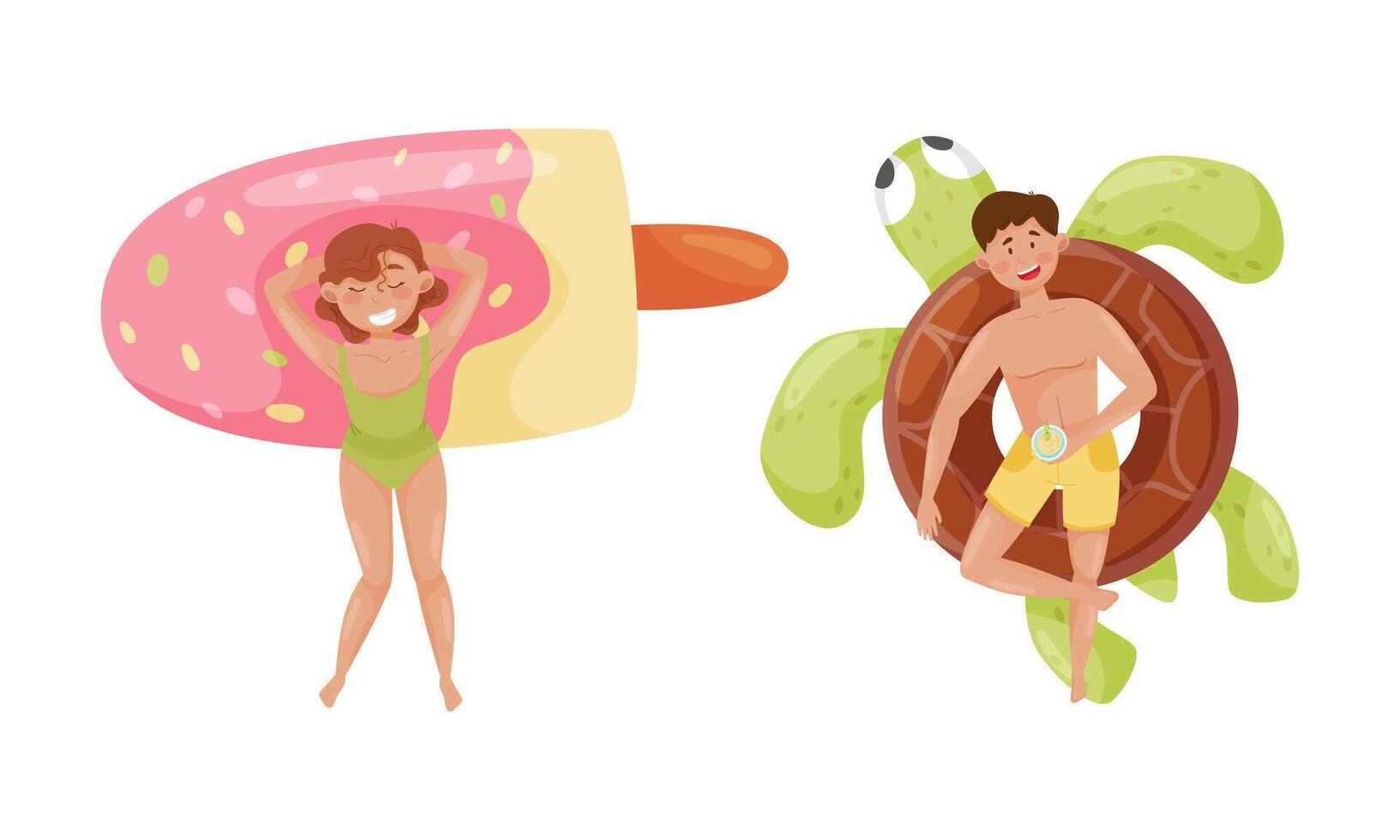 People floating on air mattresses in swimming pool set. Top view of girl and guy relaxing and sunbathing on inflatable turtle and ice cream cartoon illustration vector