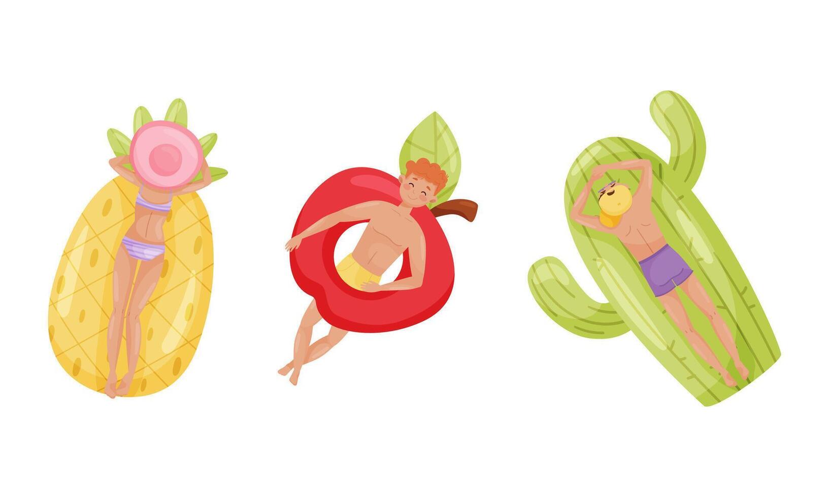 People floating on air mattresses in swimming pool set. Top view of relaxed people sunbathing on inflatable pineapple, apple and cactus cartoon illustration vector