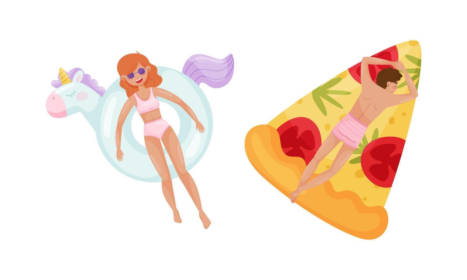 People floating on air mattresses in swimming pool set. Top view of woman and man relaxing and sunbathing on inflatable pizza and unicorn cartoon illustration vector